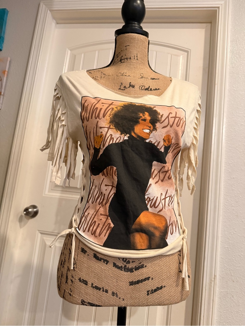 Whitney Houston Distressed Fringe Crop Top – Size Small